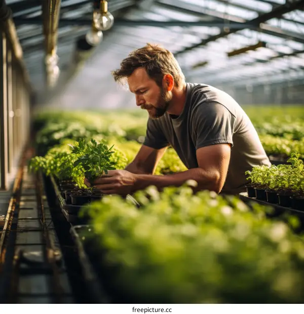 Male farmer checking his plants in a greenhouse