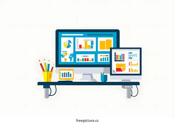 Flat Design Computer Desk with Charts and Graphs