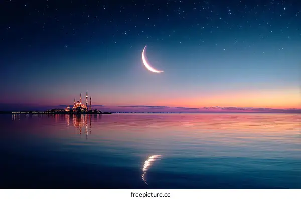 Nighttime Mosque by the Calm Water with Crescent Moon