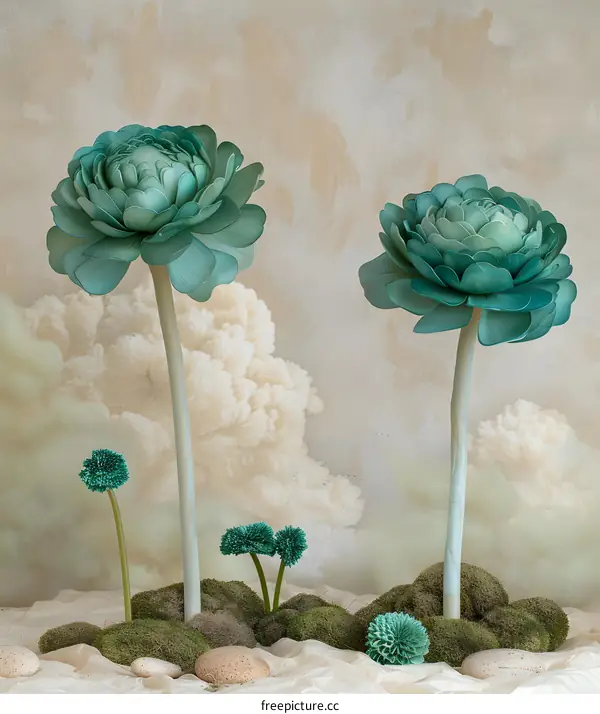 Green Flowers in a Miniature Landscape with White Clouds
