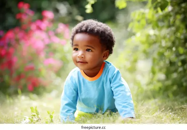 Adorable Baby Crawling Outdoors in Garden