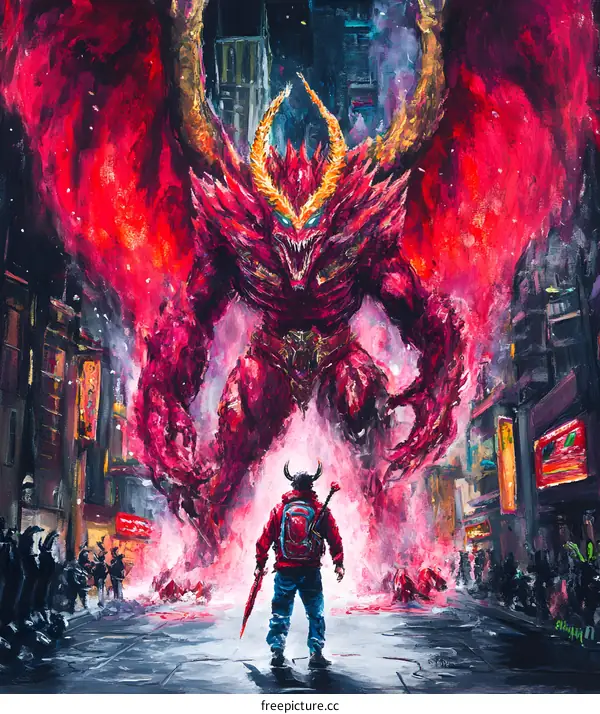 Fantasy Demon Art Painting With A Man Standing In Front of It