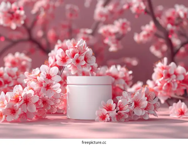 Beautiful Cherry Blossoms and Empty Product Container