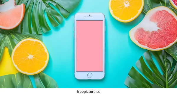 Smartphone Mockup with Summer Fruit on Blue Background