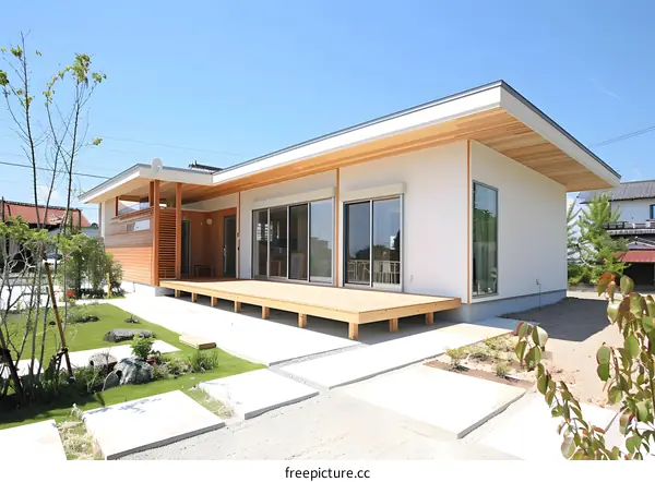 Modern Japanese House With Wooden Deck and Patio