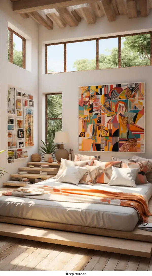 A bedroom with a large colorful painting on the wall