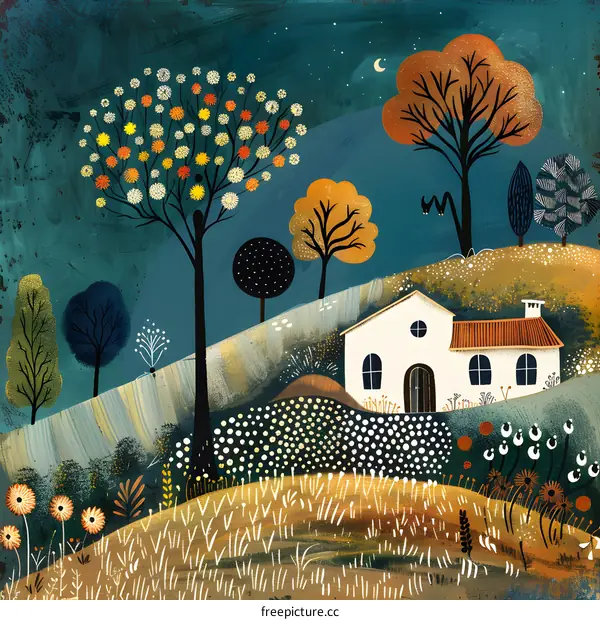 Nighttime Illustration of a Small House in the Woods