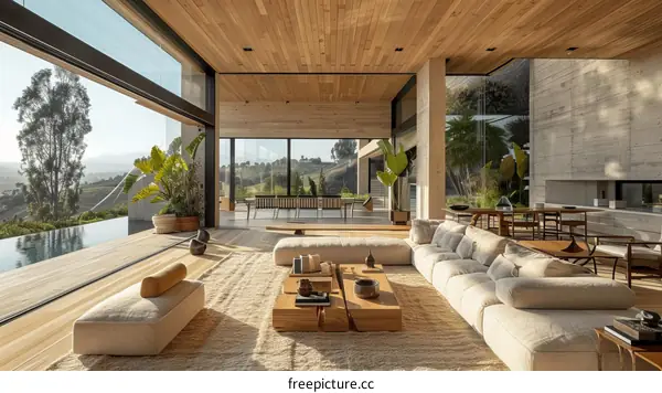 Modern house interior with large windows and open floor plan