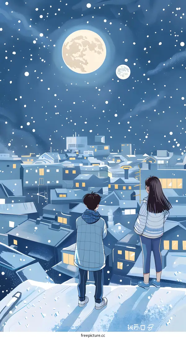 Couple Watching the Moon Over Snowy Cityscape