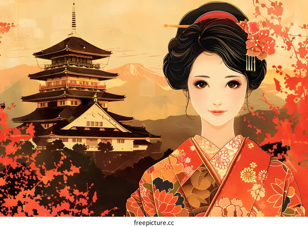 Japanese Woman in Traditional Kimono with Pagoda and Mountain Background