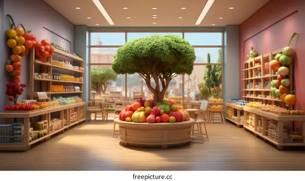 A virtual grocery store with a tree in the middle