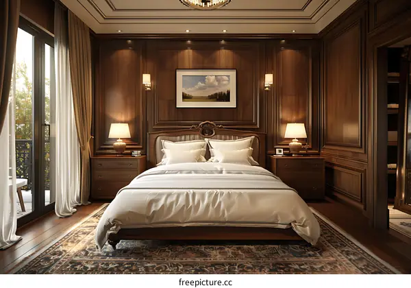 Luxurious bedroom with wooden wall panels and a large bed