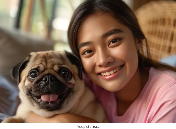 pug smiling with a happy Asian woman