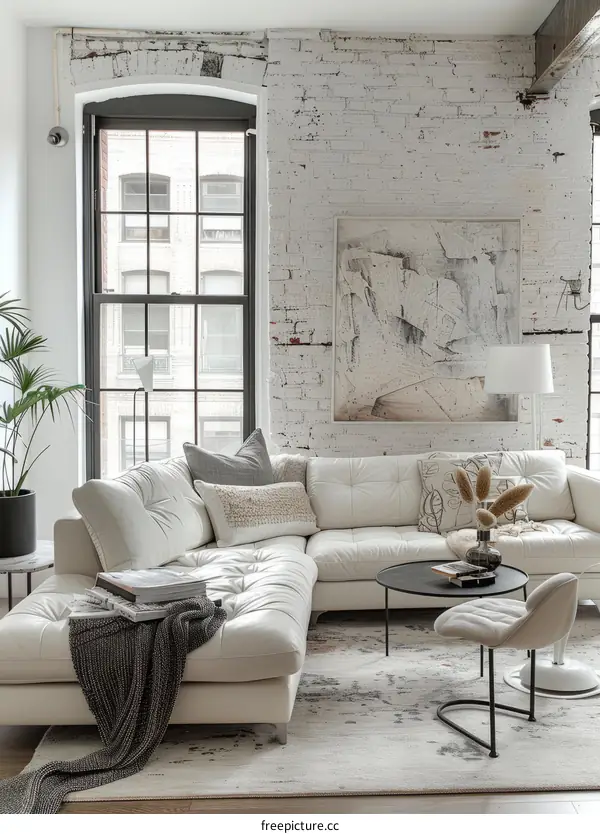 Airy White Living Room With Comfy White Leather Sectional Sofa