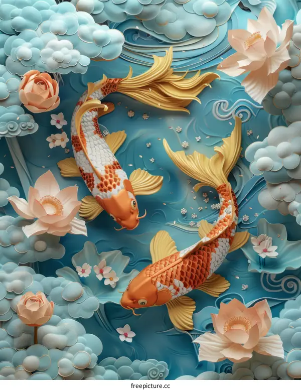 Koi Fish Swimming Among Lotuses in a Pond