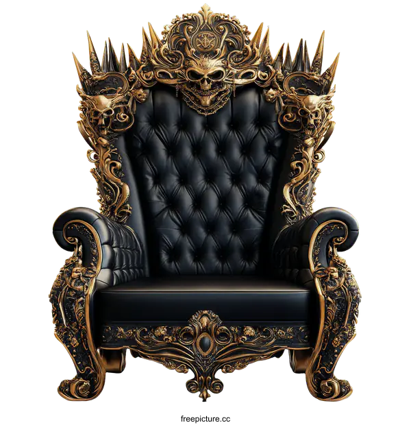 [Transparent Background PNG]Ornate Black Leather Throne Chair