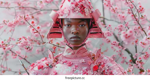 A Black Woman Wearing a Pink Samurai Armor with Cherry Blossoms