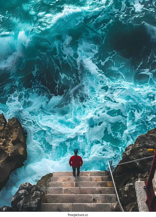 Man Standing on Steps Looking at Ocean