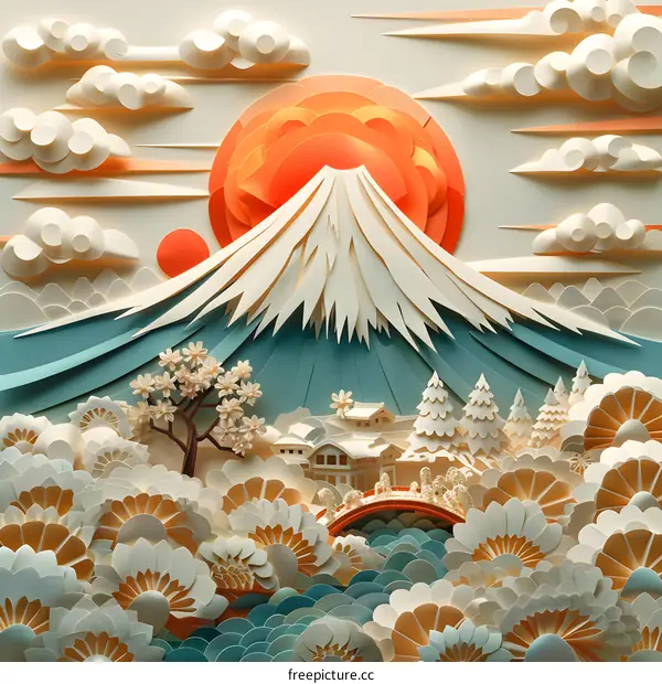 Paper Art Illustration of Mount Fuji with a Red Sun and Flowers