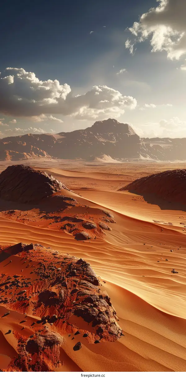A vast desert landscape with mountains in the distance