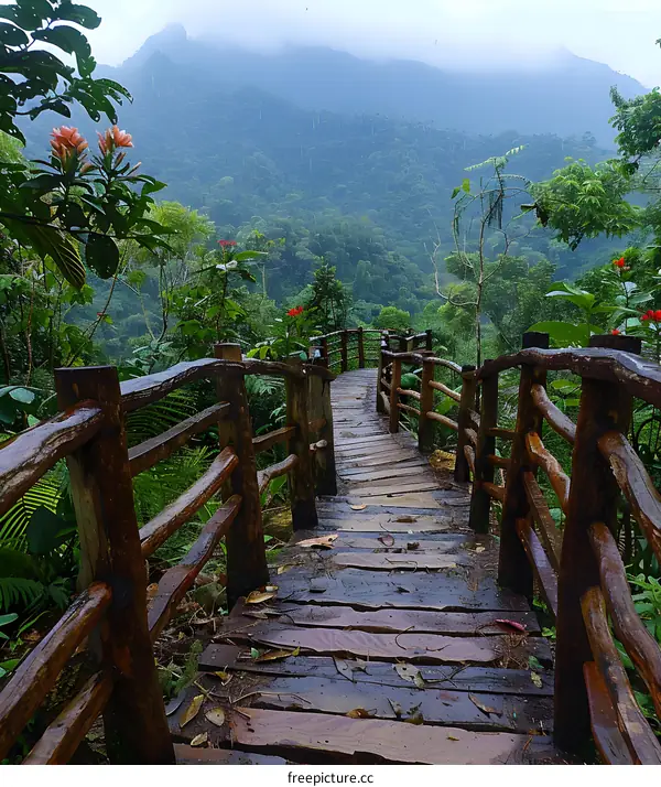 Wooden walkway through a lush green rainforest