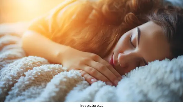 A Young Woman Sleeping Peacefully Under a Fluffy Blanket