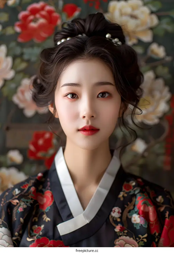 Portrait of a young woman in traditional Korean dress, or Hanbok
