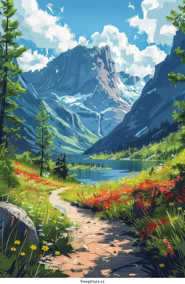 The colorful flowers and green mountains