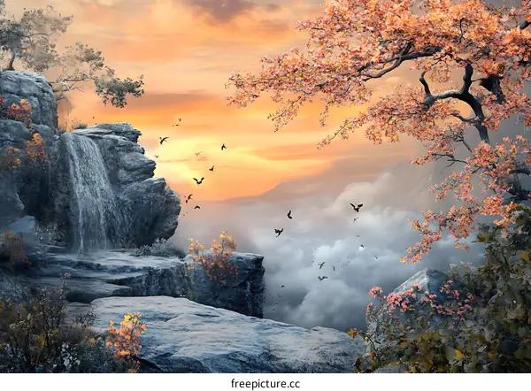 Stunning Watercolor Landscape Painting With Waterfall And Misty Mountains