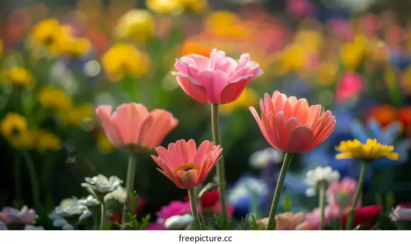 Close-up of pink and yellow flowers in a field