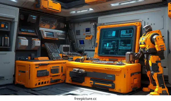 Futuristic Sci-Fi Spaceship Control Room with Robot
