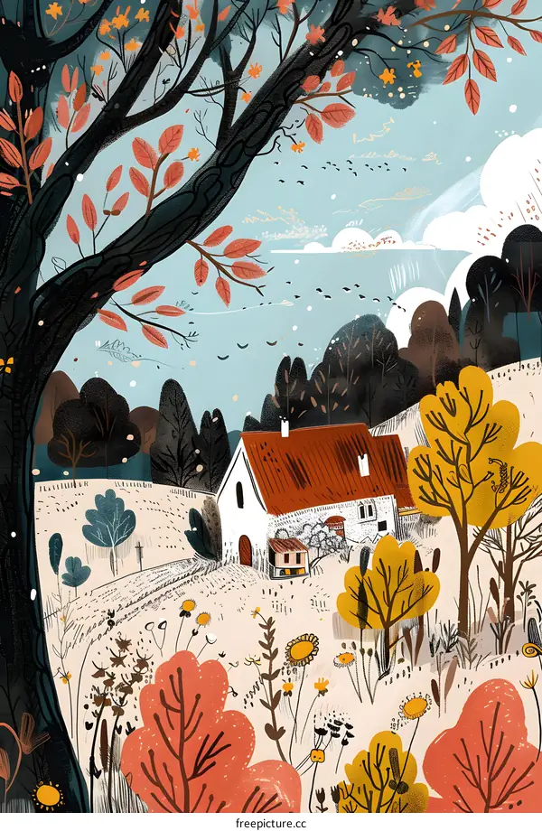 Autumn Landscape with House and Birds