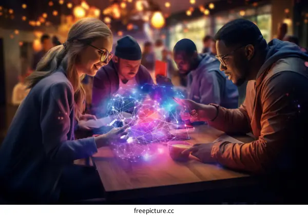 Multiethnic group of friends using augmented reality to interact with a 3D model of the brain
