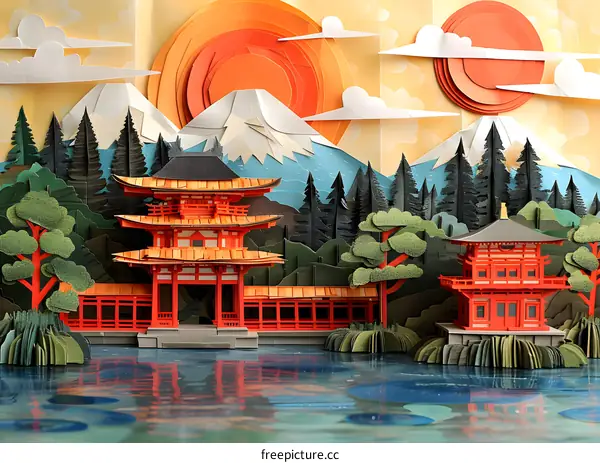 A paper cut illustration of a Japanese temple