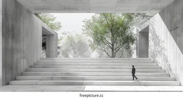 A person walking down a concrete staircase toward a park