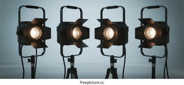 Four Illuminated Stage Lights Arranged in a Row on Stands