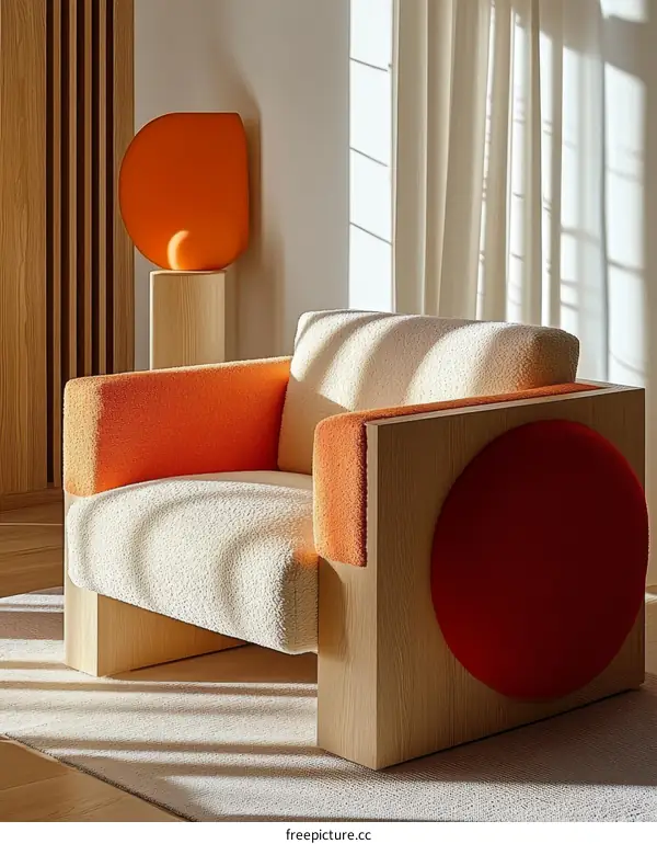Modern Wooden Armchair with Orange Accents