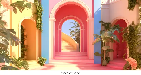 Pastel Pink Arches and Stairs Surrounded by Tropical Plants