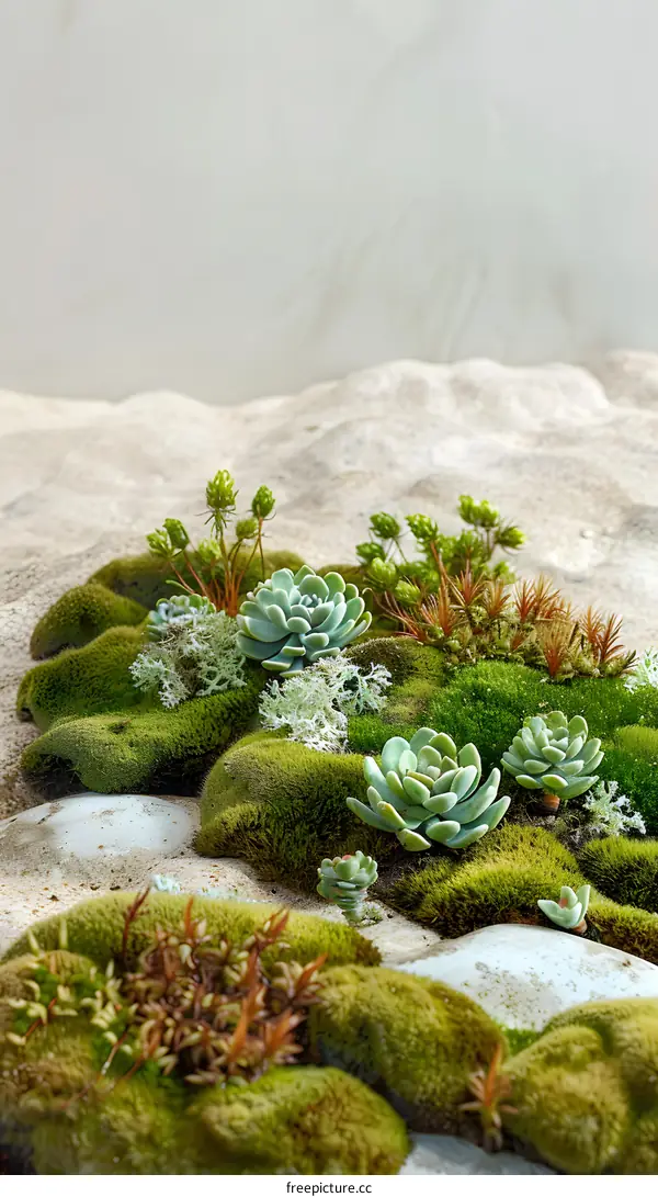 Green Moss and Succulents on a Stone Background