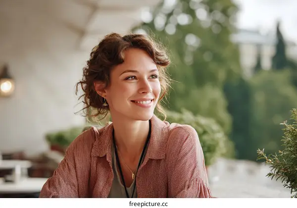 Smiling Woman Outdoors in a Cafe