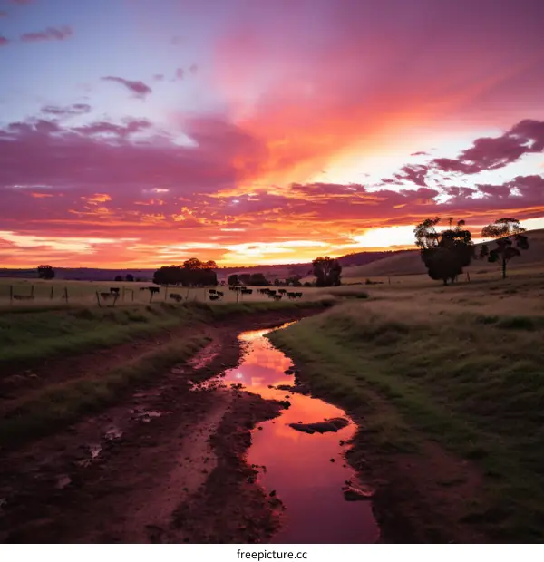 Sunset over a rural field with cows grazing