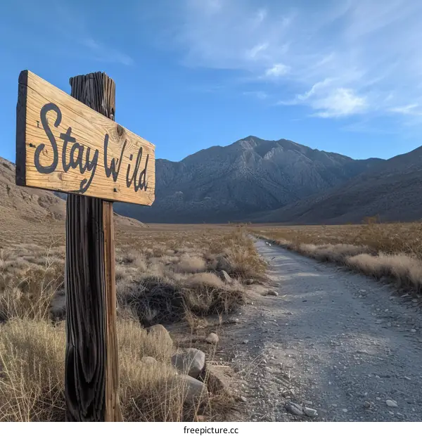 Wooden sign with Stay Wild text in desert landscape with mountains in background