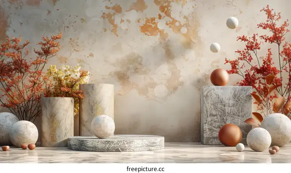 Autumnal Minimalist Display Scene with Geometric Shapes