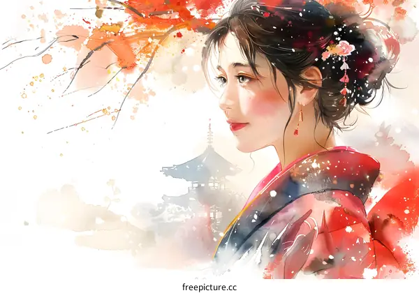 An illustration of a beautiful Asian woman in a red kimono standing in a snowy forest