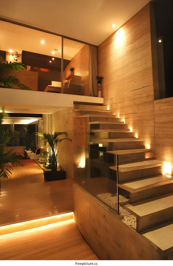Modern Concrete Staircase With Glass Railing And Warm Lighting