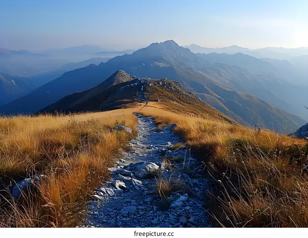 Rocky path on a mountain ridge at sunset