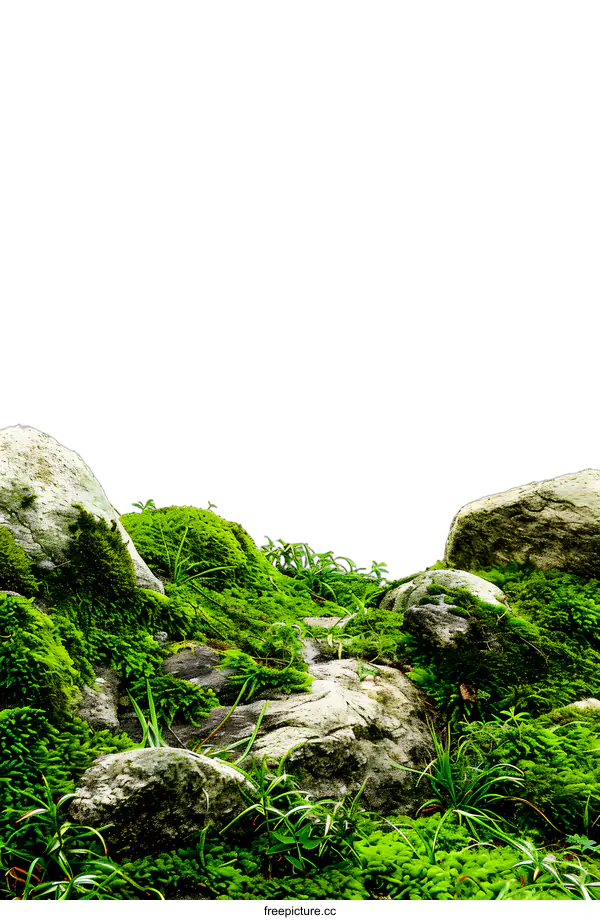 [Transparent Background PNG]Green Moss and Rocks on White Background