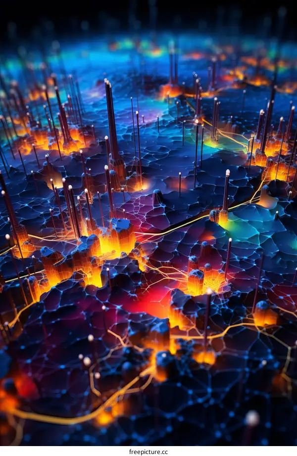 Abstract illustration of a colorful 3D landscape with glowing lines and shapes