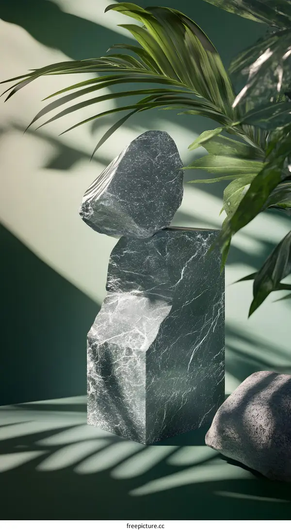 Green Stone Product Display with Palm Leaf Shadow