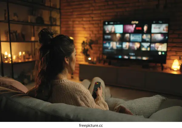 Woman Watching TV at Home Evening Relaxation